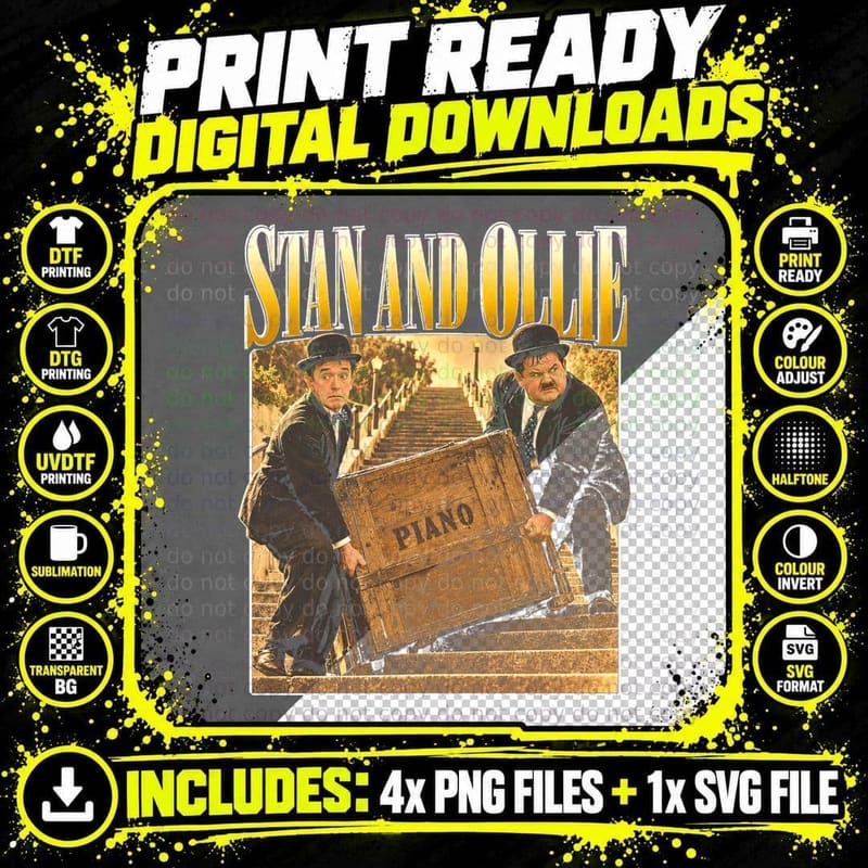 Stan and Ollie Laurel and Hardy Piano Retro Vintage Png SVG Digital Bundle