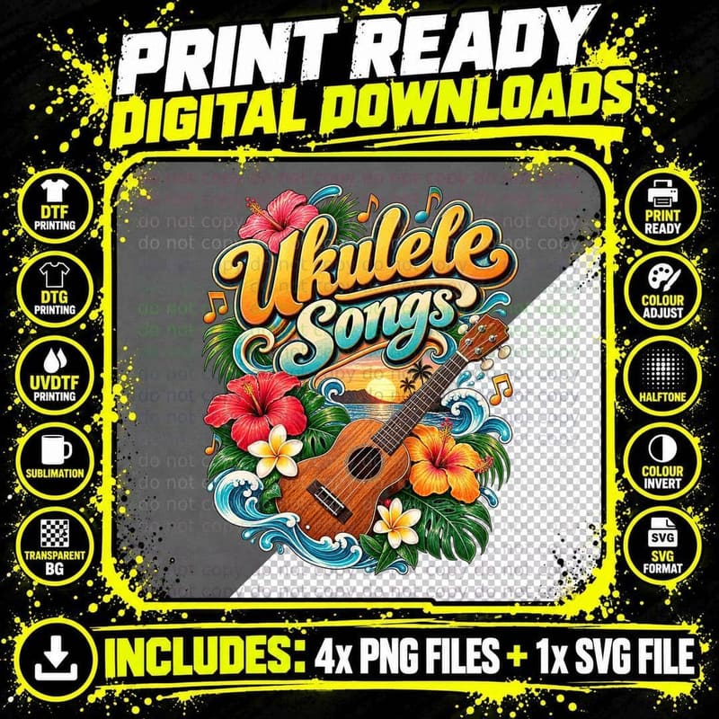 Hawaiian Ukulele Songs Vintage Tropical Hibiscus Beach Png SVG Digital Bundle