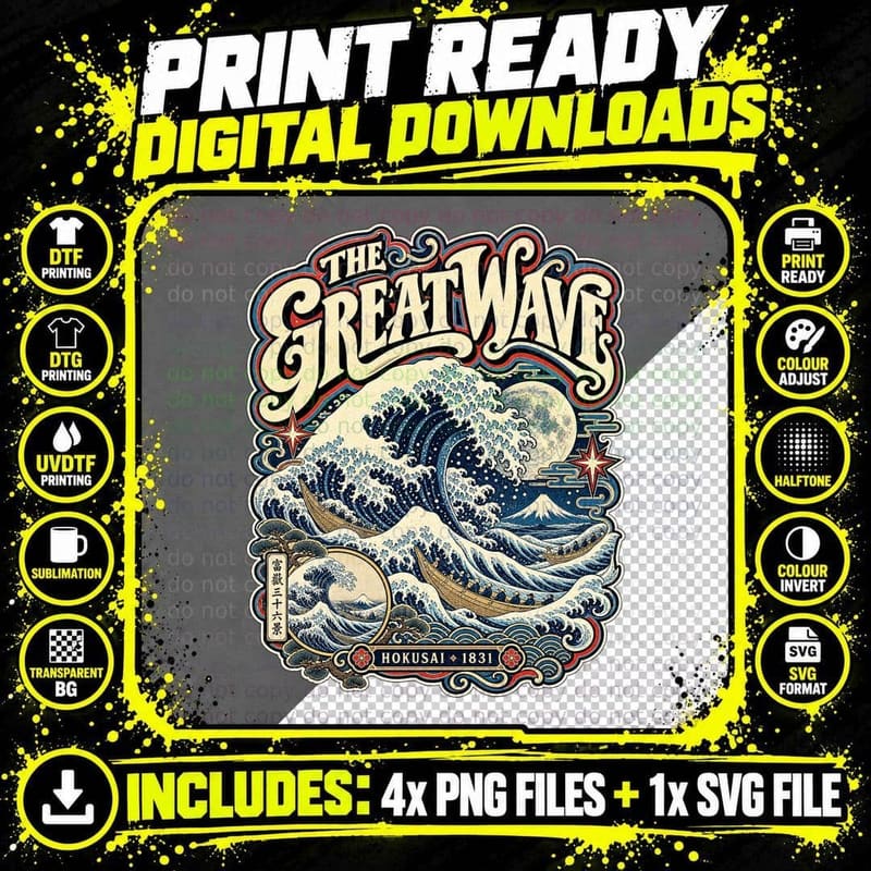 Hokusai Great Wave Vintage Japanese Woodblock Ukiyo E Png SVG Digital Bundle