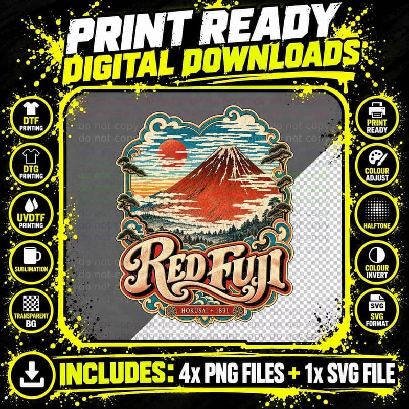 Hokusai Red Fuji Vintage Japanese Woodblock Ukiyo E Png SVG Digital Bundle
