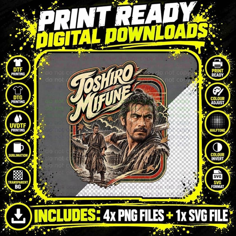 Seven Samurai Vintage Toshiro Mifune Kurosawa Japanese Png SVG Digital Bundle