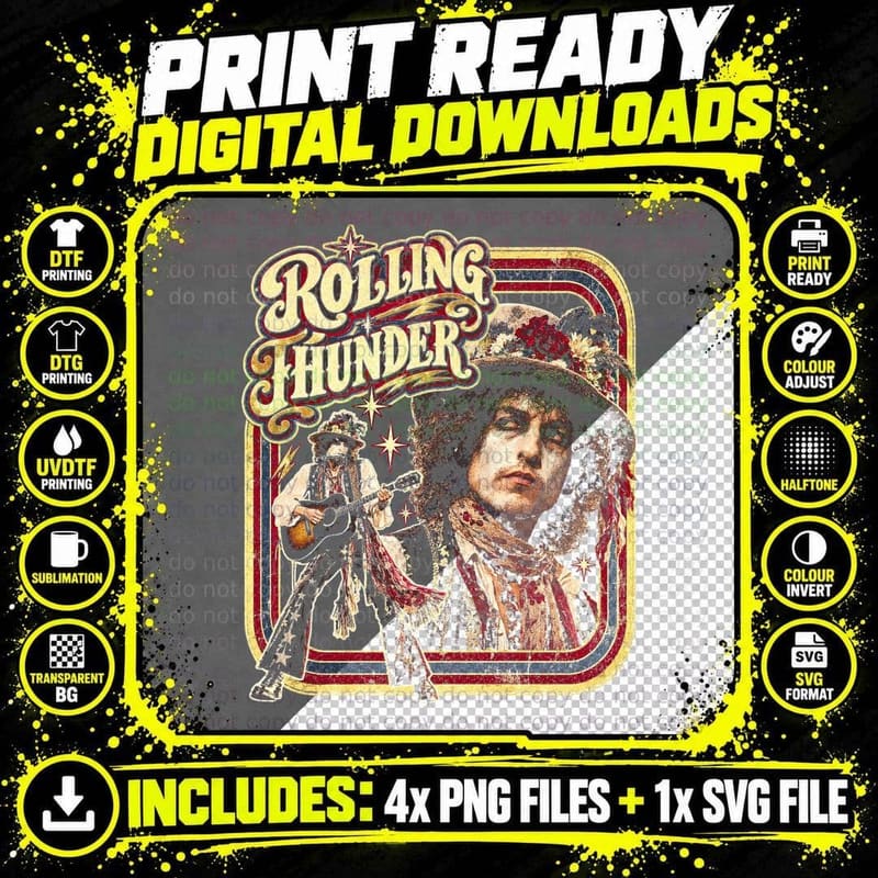 Bob Dylan Rolling Thunder Vintage 70s Folk Rock Tour Png SVG Digital Bundle