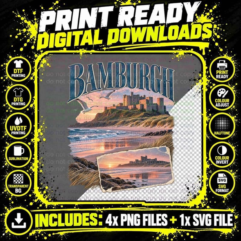 Bamburgh Vintage Retro Castle Beach Northumberland Png SVG Digital Bundle