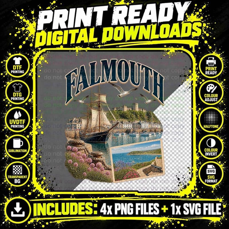 Falmouth Vintage Retro Sailing Ship Cornwall Harbour Png SVG Digital Bundle