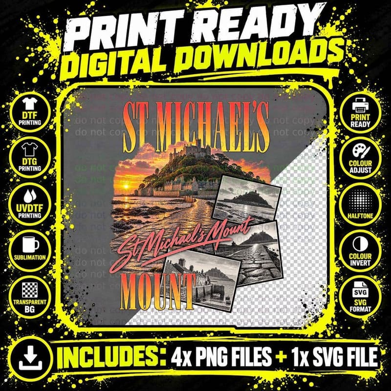 St Michael's Mount Cornwall Sunset Castle Island 80s Neon Vintage Travel T-Shirt Png SVG Digital Bundle