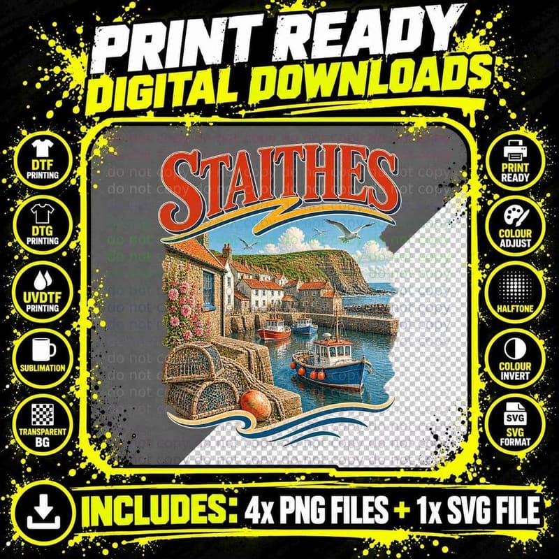 Staithes Vintage Yorkshire Travel British Fishing Png SVG Digital Bundle