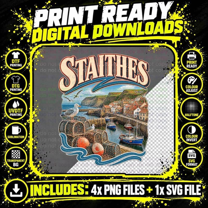 Staithes North Yorkshire Fishing Village Harbour Lobster Pots Vintage T-Shirt Png SVG Digital Bundle