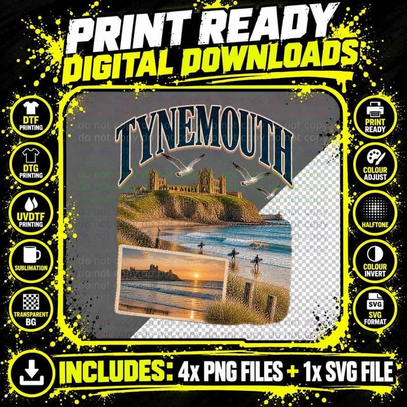 Tynemouth Vintage Retro Surf Priory North Sea Coastal Png SVG Digital Bundle