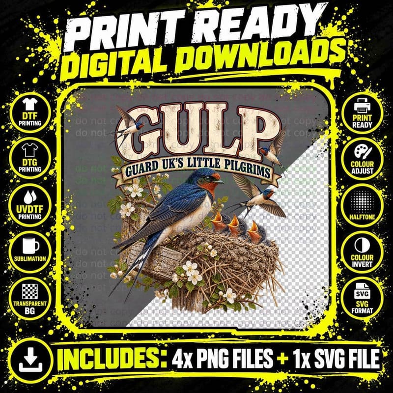 Gulp Guard UK's Little Pilgrims Funny Barn Swallow Nest Chicks Parody T-Shirt Png SVG Digital Bundle