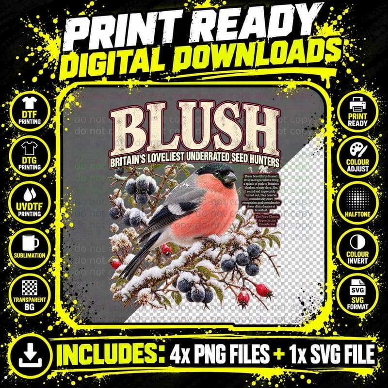 Blush Britain's Loveliest Underrated Seed Hunters Bullfinch Winter Bird T-Shirt Png SVG Digital Bundle