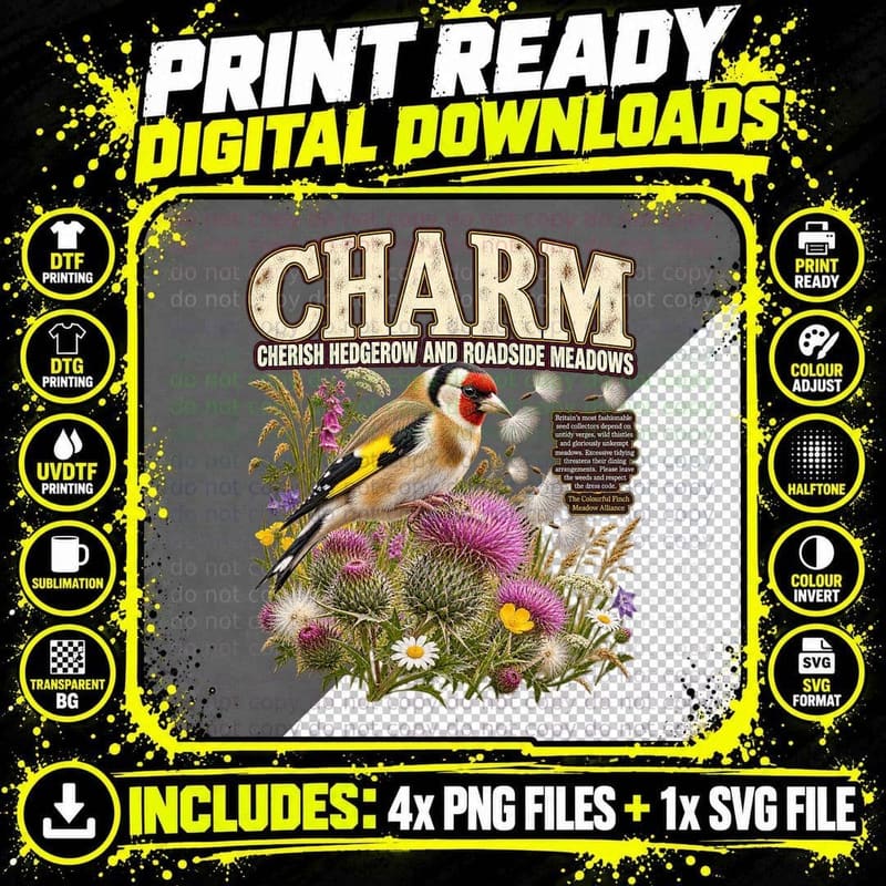 Charm Cherish Hedgerow And Roadside Meadows Goldfinch Thistle Parody T-Shirt Png SVG Digital Bundle