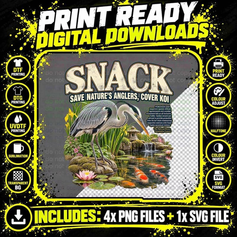Snack Save Nature's Anglers Cover Koi Funny Grey Heron Pond Parody T-Shirt Png SVG Digital Bundle