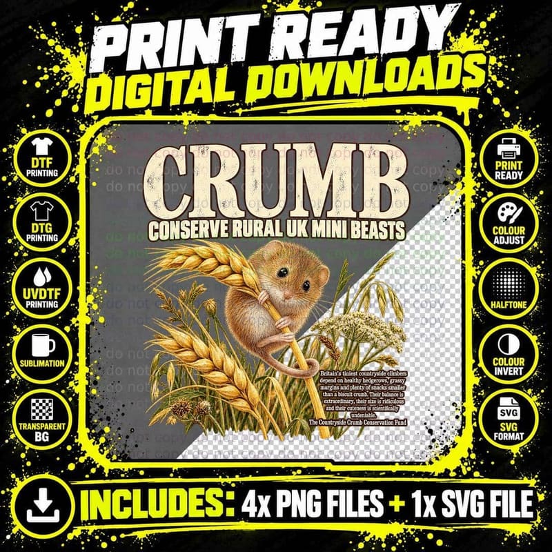 Crumb Conserve Rural UK Mini Beasts Funny Harvest Mouse Wheat Parody T-Shirt Png SVG Digital Bundle