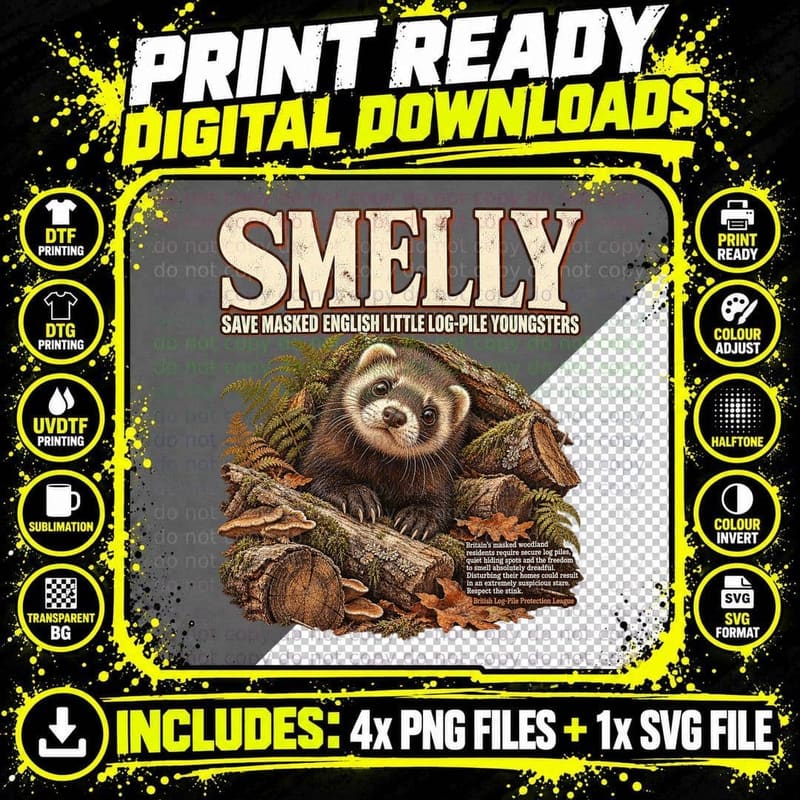 Smelly Save Masked English Little Log Pile Youngsters Funny Polecat T-Shirt Png SVG Digital Bundle