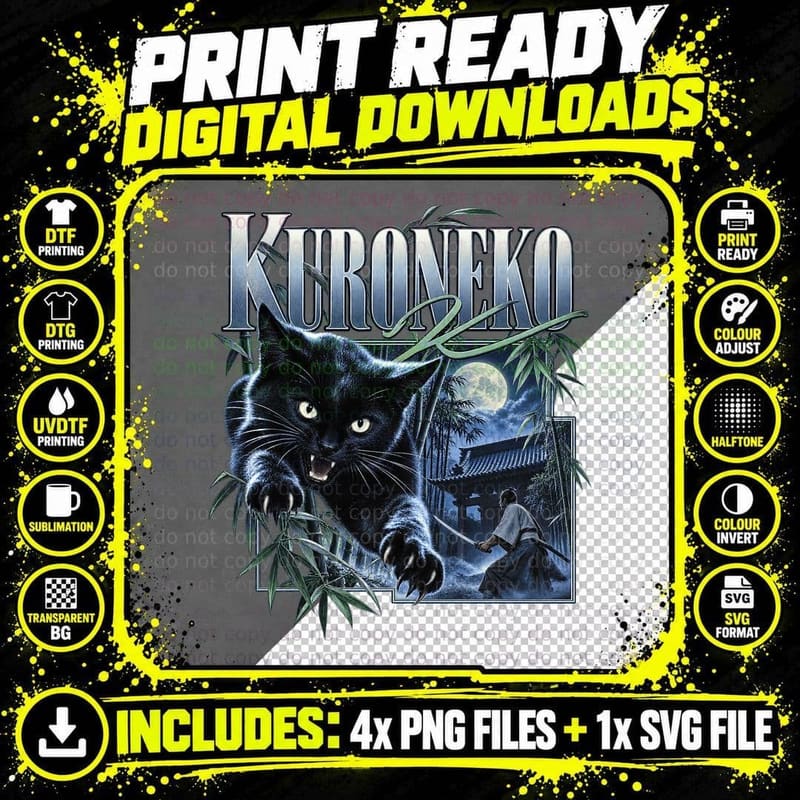 Kuroneko Vintage Japanese Ghost Cat Samurai Gothic Png SVG Digital Bundle