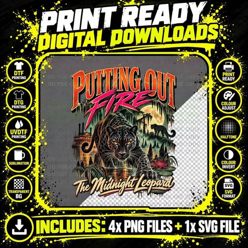 Putting Out Fire Midnight Leopard Vintage Retro 80s Cult Png SVG Digital Bundle