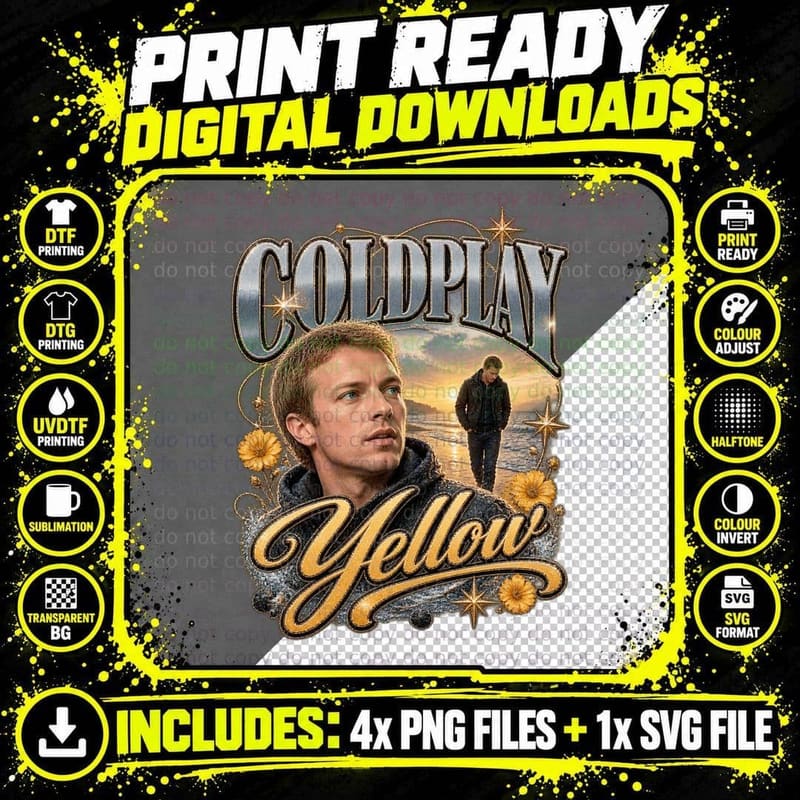 Coldplay Vintage Yellow 2000s Alternative Rock Music Fan Png SVG Digital Bundle