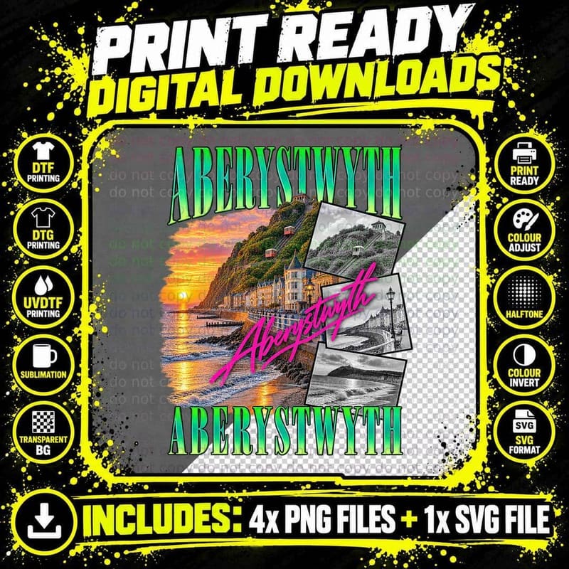 Aberystwyth Seaside Promenade Wales 80s Neon Vintage Travel Postcard T-Shirt Png SVG Digital Bundle