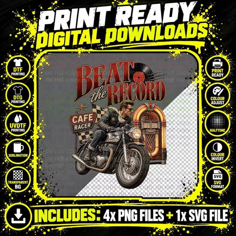 Beat the Record Cafe Racer Vintage Motorcycle Rocker Png SVG Digital Bundle