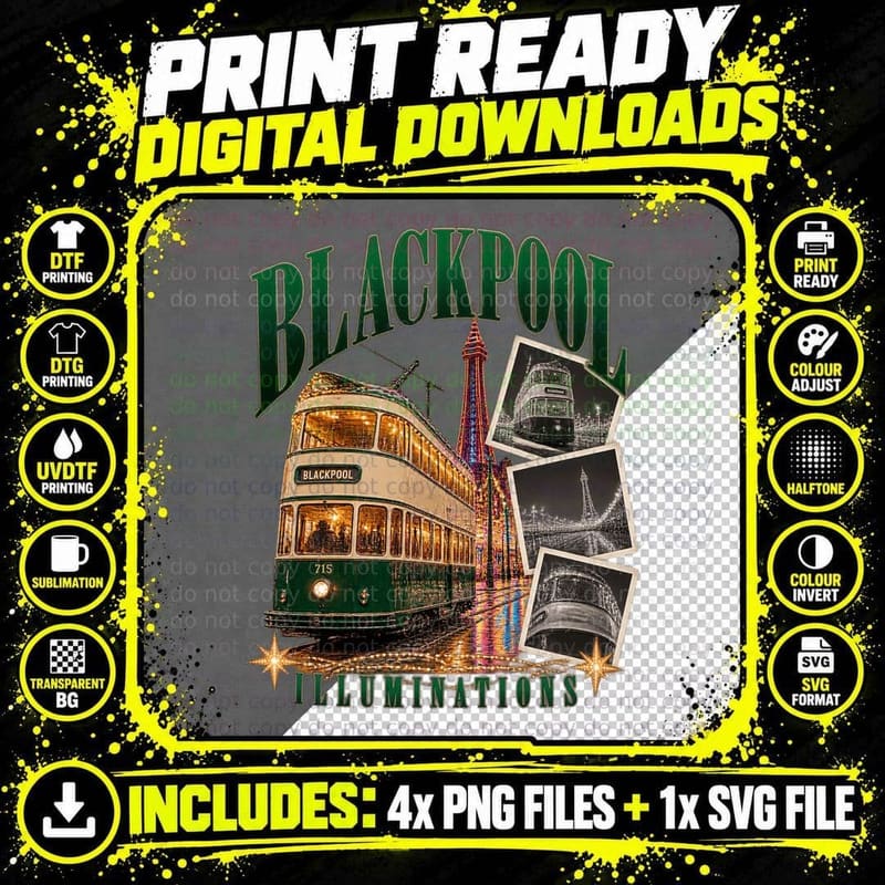 Blackpool Illuminations Vintage Tram Tower Seaside Lights Retro Travel T-Shirt Png SVG Digital Bundle