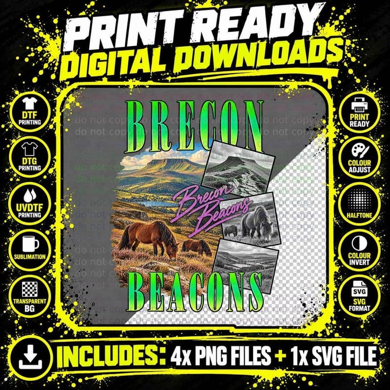 Brecon Beacons Wild Ponies Mountain Landscape Wales 80s Neon Vintage T-Shirt Png SVG Digital Bundle
