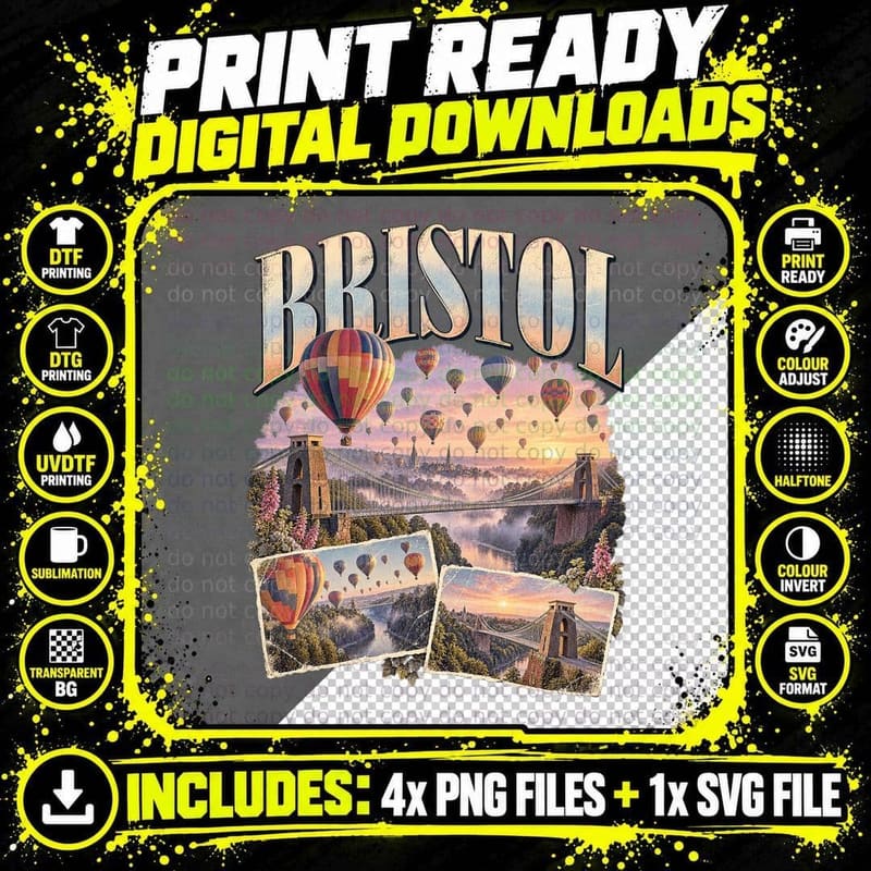 Bristol Hot Air Balloons Clifton Suspension Bridge Gorge Vintage Travel T-Shirt Png SVG Digital Bundle