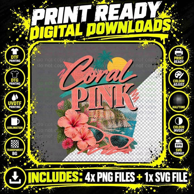 Coral Pink Vintage Summer Holiday Retro Typography Png SVG Digital Bundle