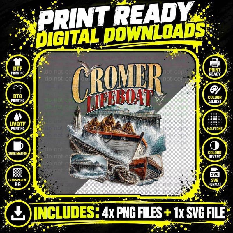 Cromer Lifeboat Crew Rough Sea Norfolk Coast Maritime Heritage Vintage T-Shirt Png SVG Digital Bundle