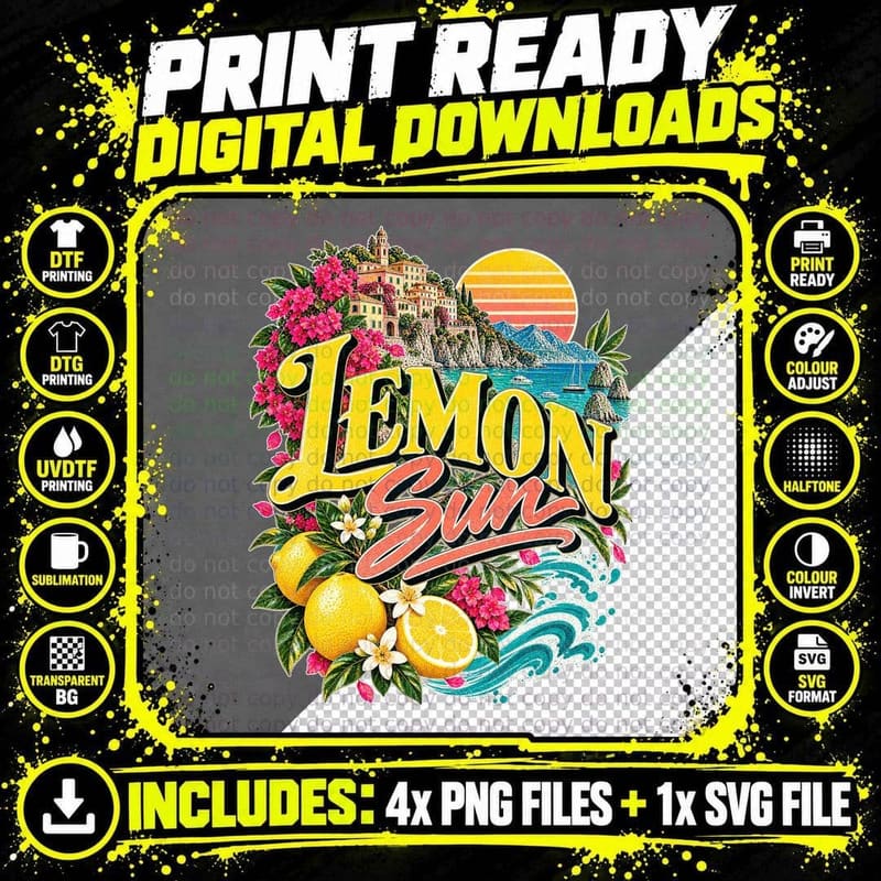 Lemon Sun Yellow Vintage Mediterranean Summer Holiday Png SVG Digital Bundle