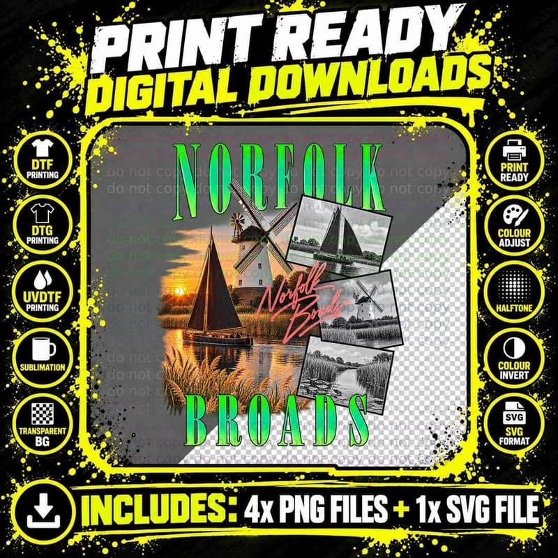 Norfolk Broads Windmill Sailing Boat Sunset Reeds 80s Neon Vintage T-Shirt Png SVG Digital Bundle