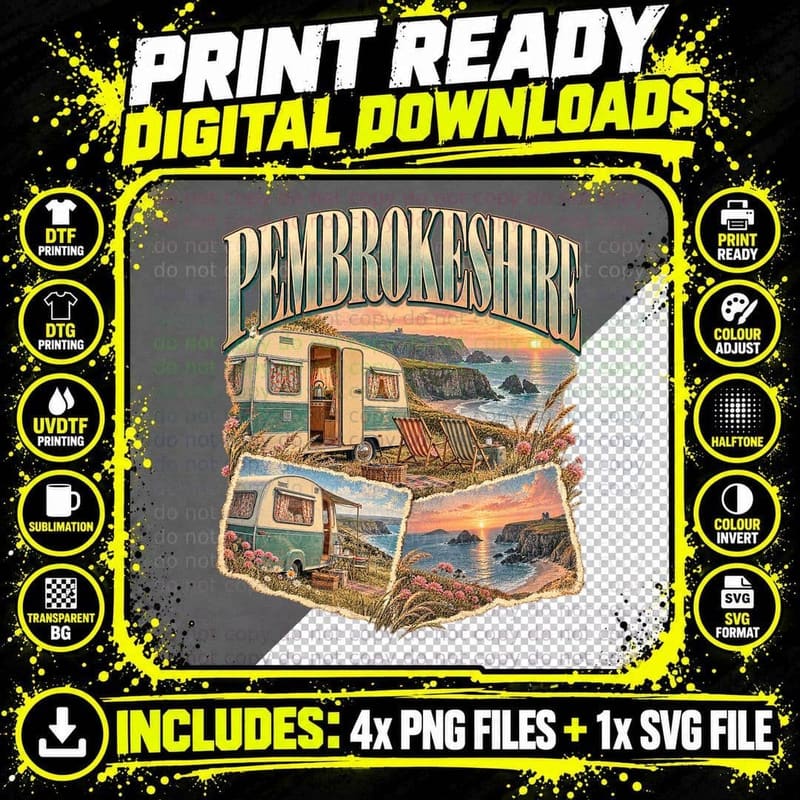 Pembrokeshire Vintage Welsh Retro Caravan Camping Png SVG Digital Bundle
