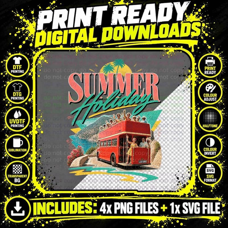 Summer Holiday Red Double Decker Bus Mediterranean 60s Retro Travel T-Shirt Png SVG Digital Bundle