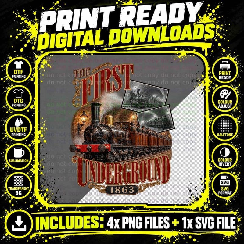 The First Underground 1863 Vintage London Steam Railway Png SVG Digital Bundle