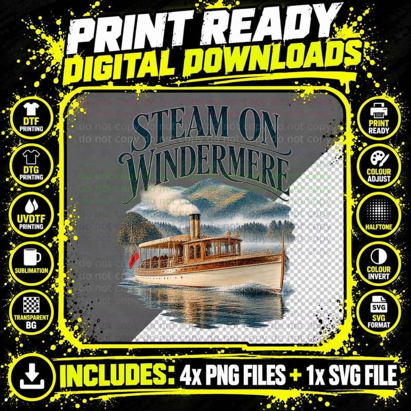 Windermere Vintage Lake District Steam Boat Retro Png SVG Digital Bundle