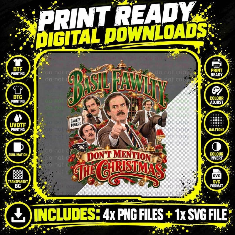 Fawlty Towers Retro Collage Basil Fawlty Don't Mention Png SVG Digital Bundle
