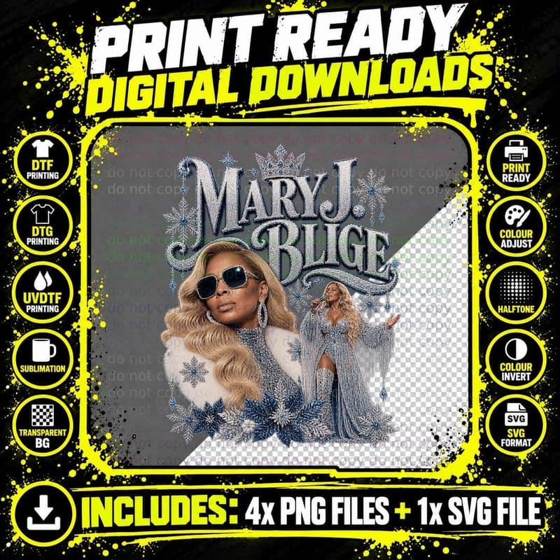 Mary J Blige Vintage R&B Christmas Music Silver Sequin Png SVG Digital Bundle