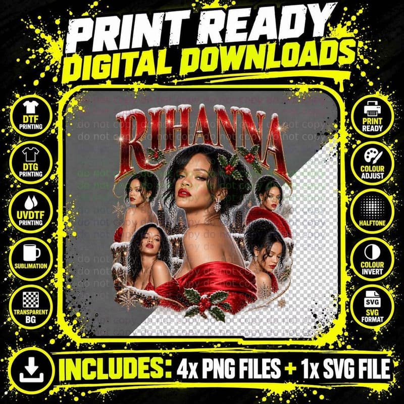 Rihanna Vintage Pop Music 2010s Christmas Retro Glam Tee Png SVG Digital Bundle
