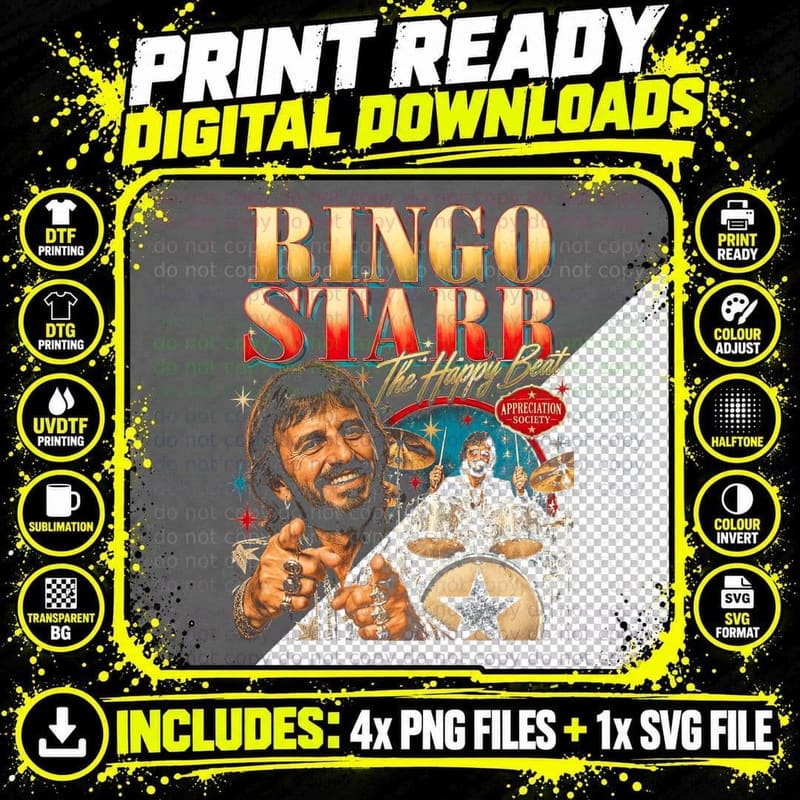 Ringo Starr Retro Drummer Vintage Rock Fan Club Halftone Png SVG Digital Bundle