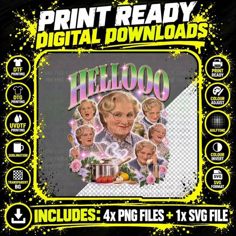 Robin Williams Mrs Doubtfire Hellooo Vintage Bootleg 90s Png SVG Digital Bundle
