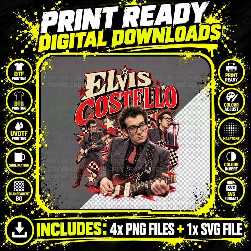 Elvis Costello Vintage 1970s New Wave Punk Rock Music Png SVG Digital Bundle