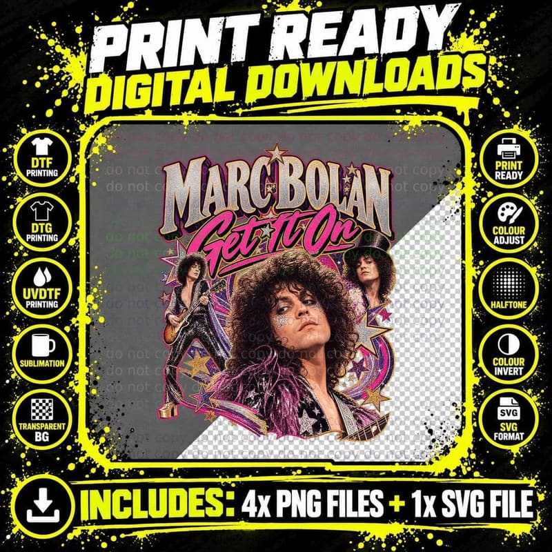 Marc Bolan Vintage Get It On 1970s Glam Rock Retro Music Png SVG Digital Bundle