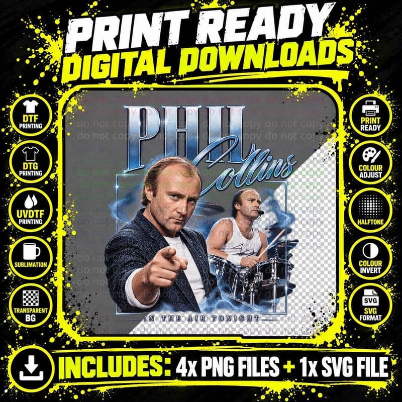 Phil Collins Vintage In the Air Tonight 1985 Retro Rock Png SVG Digital Bundle