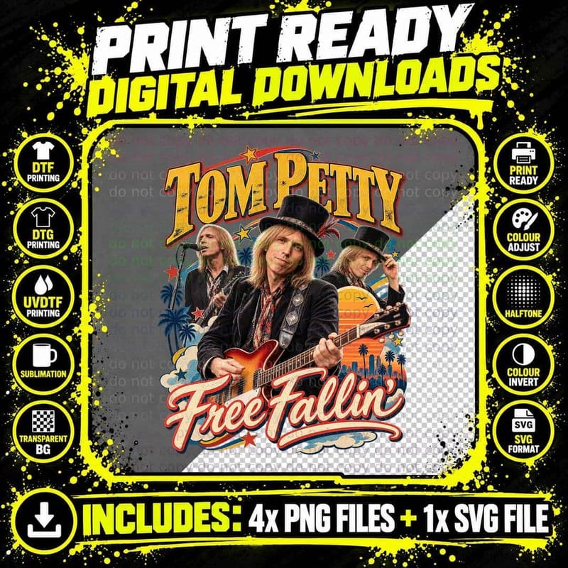 Tom Petty Free Fallin' 1989 Heartbreakers Rock Vintage Png SVG Digital Bundle