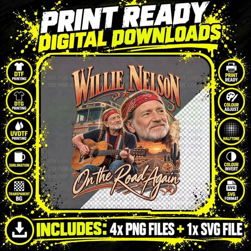 Willie Nelson Vintage On the Road Again Outlaw Country Png SVG Digital Bundle