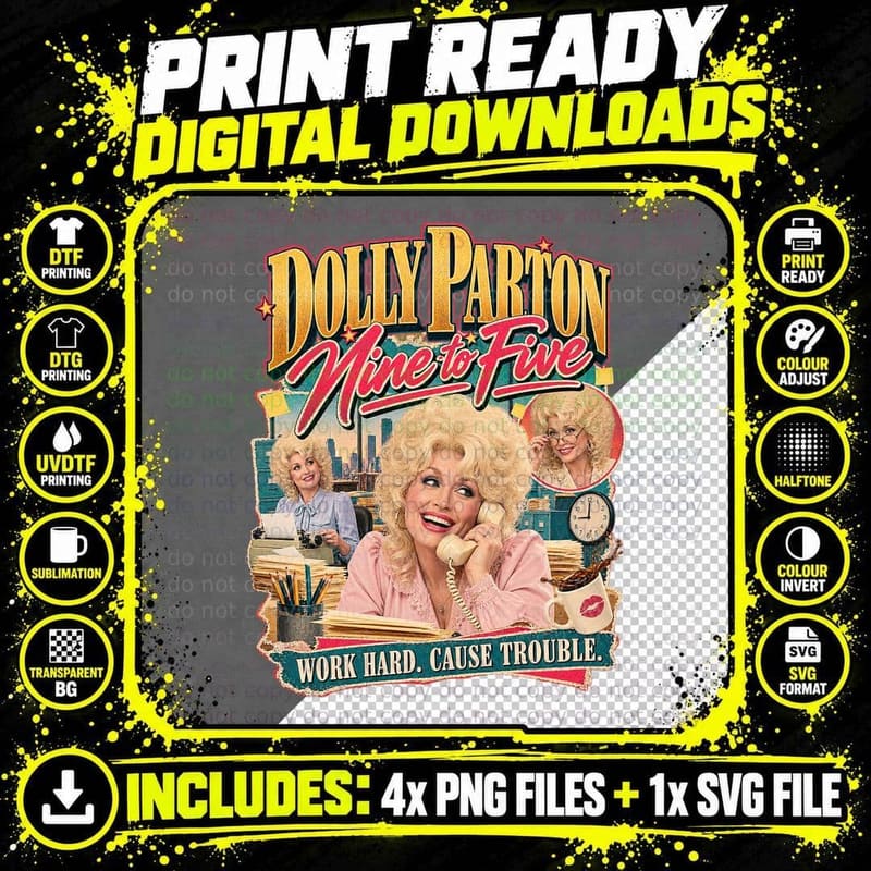 Dolly Parton Nine to Five 1980 Vintage Country Music Png SVG Digital Bundle