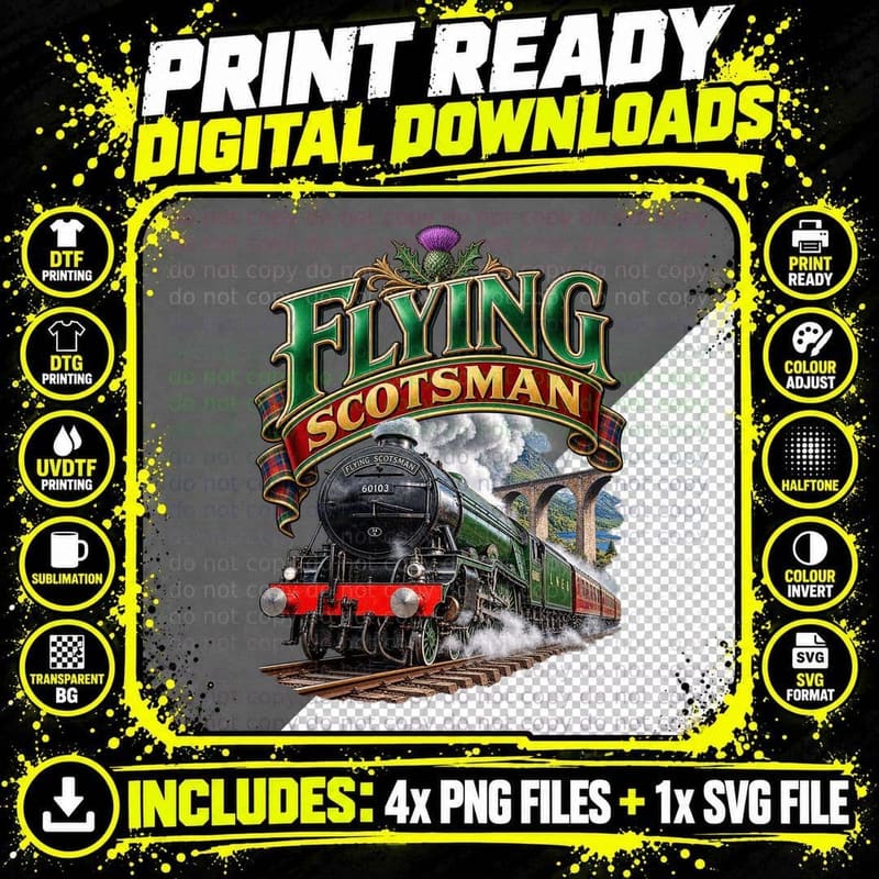 Flying Scotsman Vintage LNER A3 Steam Locomotive Railway Png SVG Digital Bundle
