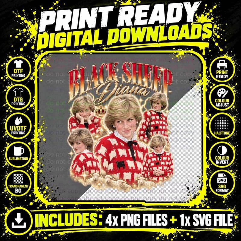 Princess Diana Ugly Sweater Black Sheep Jumper 1981 Png SVG Digital Bundle