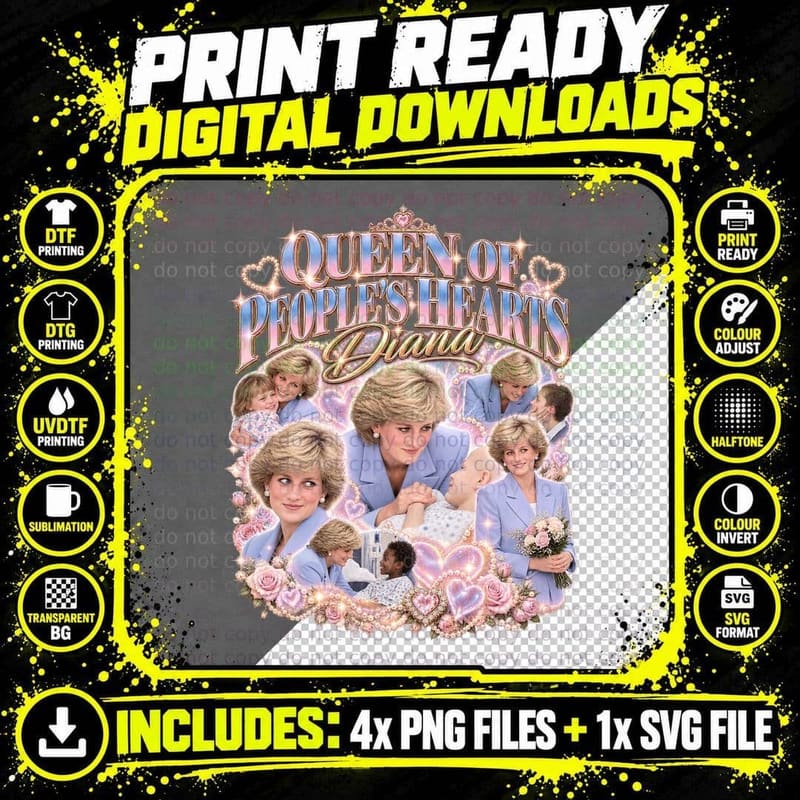 Princess Diana Vintage Queen of People's Hearts Royal Png SVG Digital Bundle