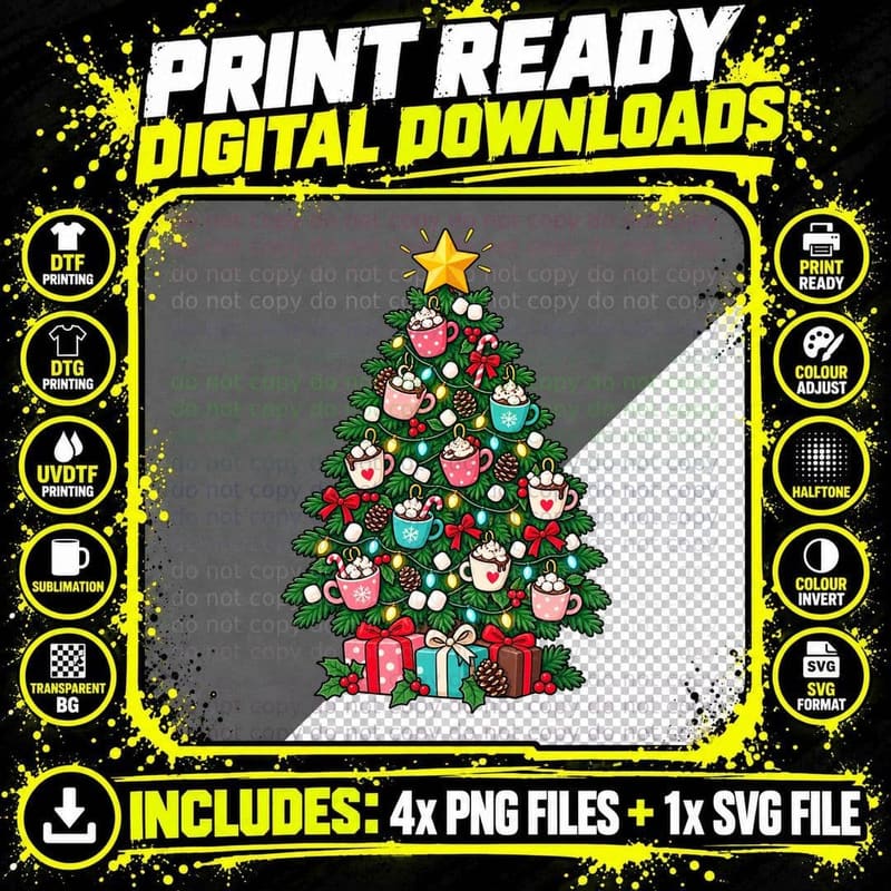Christmas Hot Chocolate Tree Cute Cartoon Cocoa Png SVG Digital Bundle