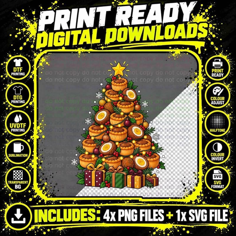 Christmas Pork Pie Tree Cute Cartoon Scotch Egg British Png SVG Digital Bundle
